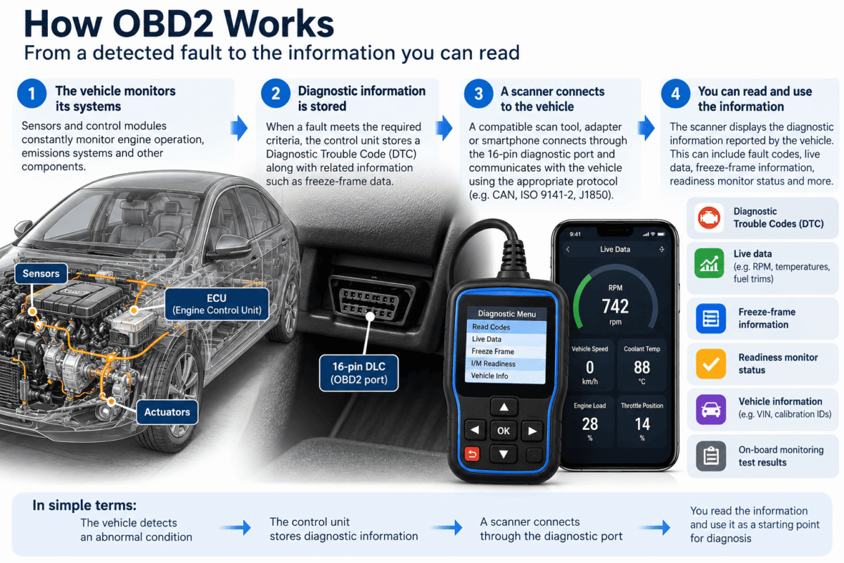  HOW OBD2 WORKS Vehicle / ECU → 16-pin DLC → scanner or smartphone → DTC + live data