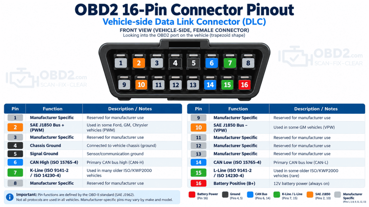 OBD2 16-PIN CONNECTOR PINOUT
Front view of the vehicle-side DLC with all 16 positions numbered.
Highlight standardized pins using clear color groups:
Power, Ground, CAN, K-Line/L-Line, J1850, Manufacturer-specific.16 = power
4/5 = ground
6/14 = CAN
7/15 = ISO K/L Line
2/10 = J1850
remaining positions = OEM-specific