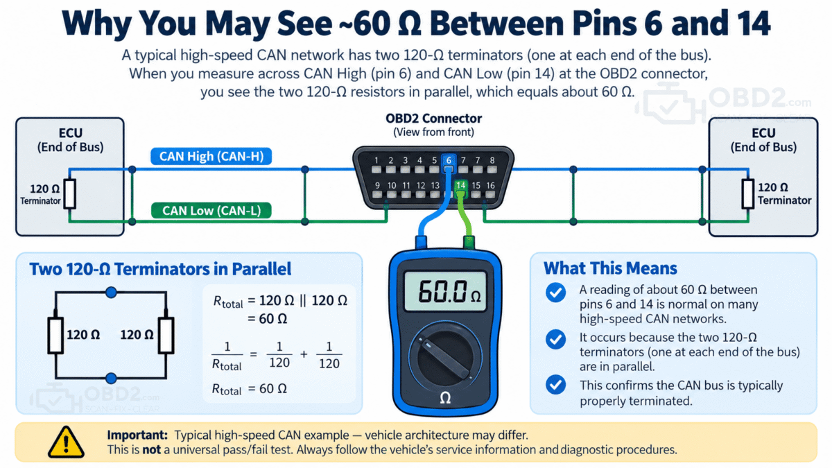 Simple CAN diagram:
120Ω terminator — CAN-H/CAN-L network — 120Ω terminator
Show why multimeter sees ~60Ω when both terminators are in circuit.
Add note: "Typical example — vehicle architecture may differ."