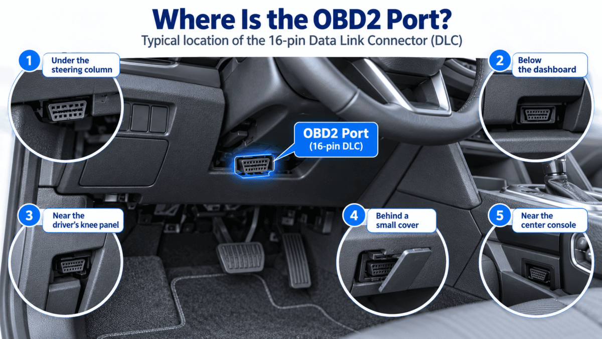 OBD2 PORT LOCATION illustration: Driver-side dashboard / footwell with the 16-pin DLC highlighted.
